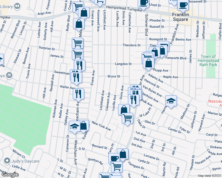 map of restaurants, bars, coffee shops, grocery stores, and more near 339 Clement Avenue in Elmont