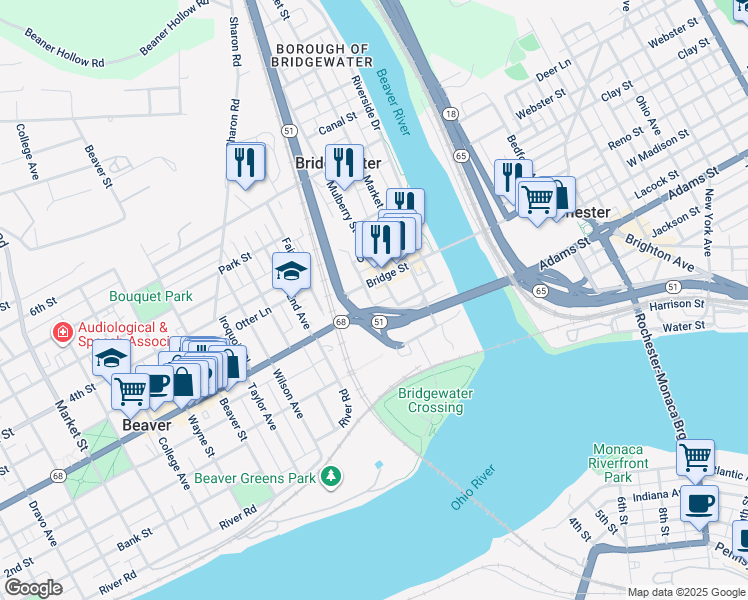 map of restaurants, bars, coffee shops, grocery stores, and more near 1 Clarion Street in Beaver