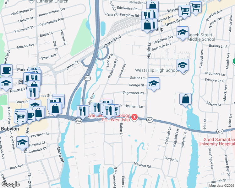 map of restaurants, bars, coffee shops, grocery stores, and more near 56 Edgewood Road in West Islip