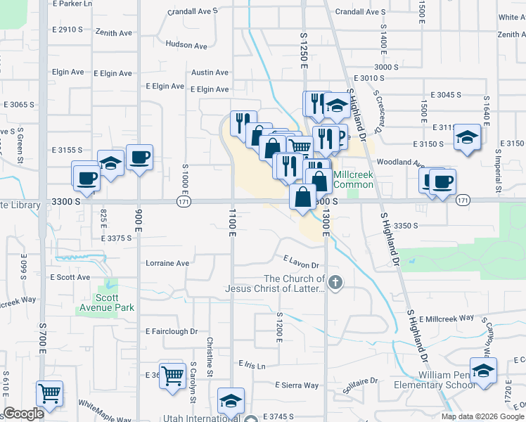 map of restaurants, bars, coffee shops, grocery stores, and more near 1156 East 3300 South in Millcreek