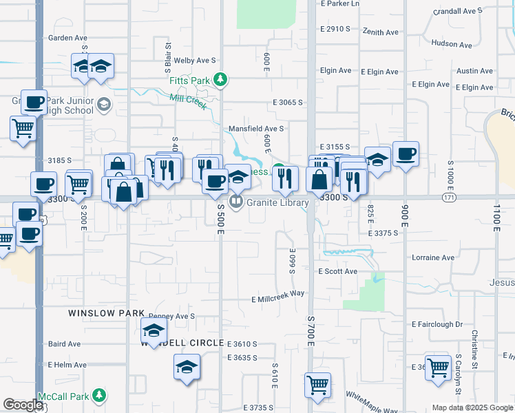 map of restaurants, bars, coffee shops, grocery stores, and more near 606 East 3300 South in South Salt Lake