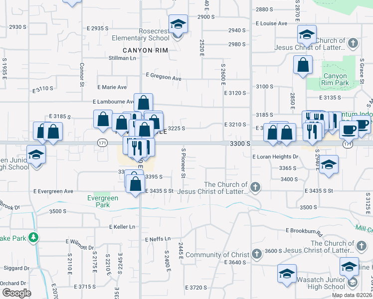 map of restaurants, bars, coffee shops, grocery stores, and more near 3321 South Pioneer Street in Salt Lake City