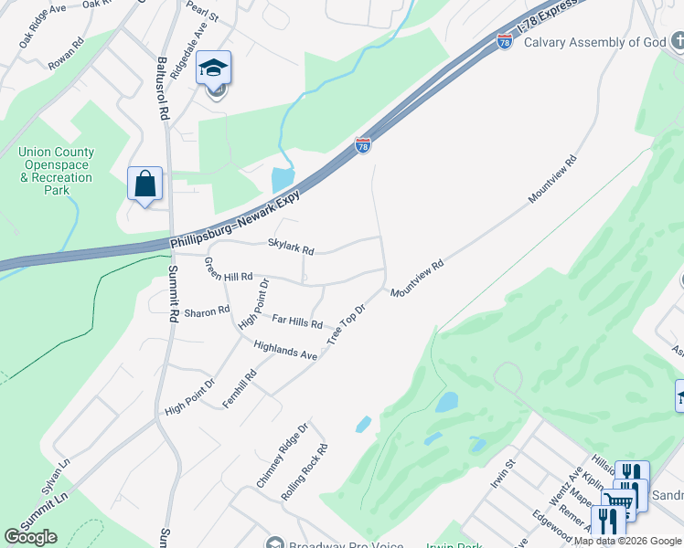 map of restaurants, bars, coffee shops, grocery stores, and more near 63 Green Hill Road in Springfield