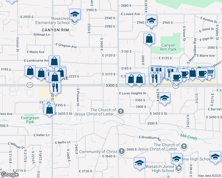 map of restaurants, bars, coffee shops, grocery stores, and more near 2660 East 3300 South in Salt Lake City