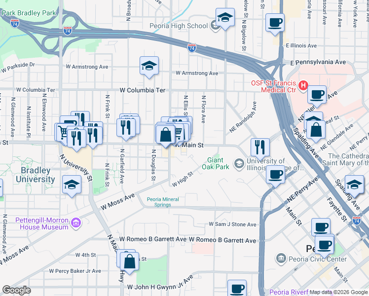 map of restaurants, bars, coffee shops, grocery stores, and more near 604 West Main Street in Peoria