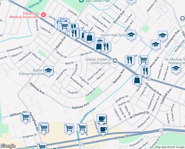 map of restaurants, bars, coffee shops, grocery stores, and more near 888 Peach Tree Rd in Union