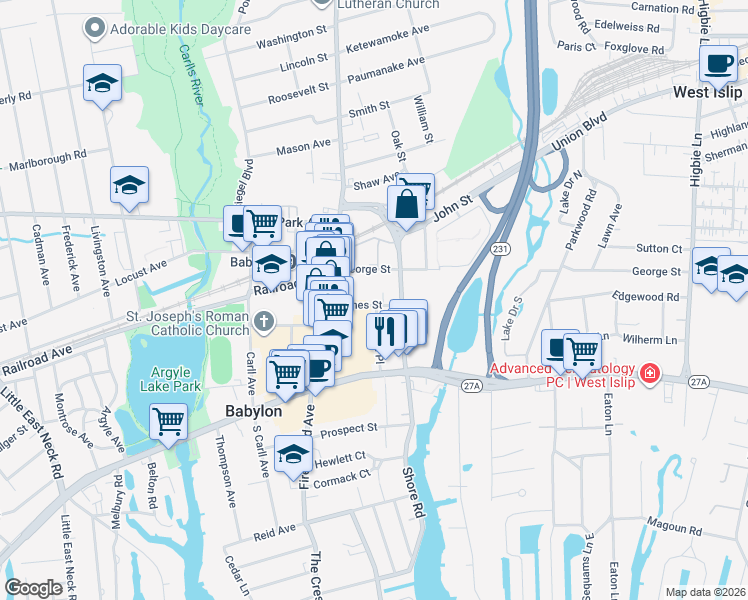 map of restaurants, bars, coffee shops, grocery stores, and more near 57 James Street in Babylon