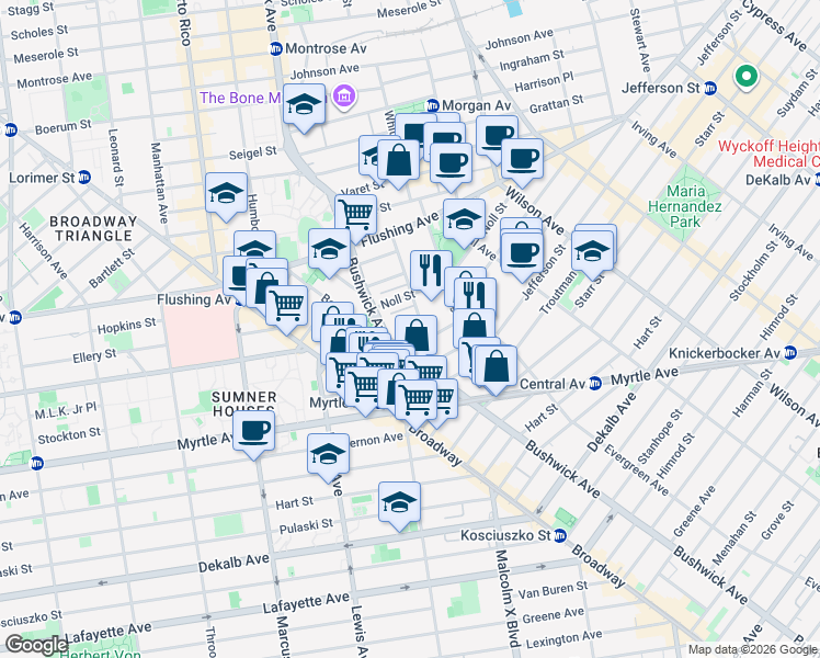 map of restaurants, bars, coffee shops, grocery stores, and more near 6 Renaissance Court in Brooklyn