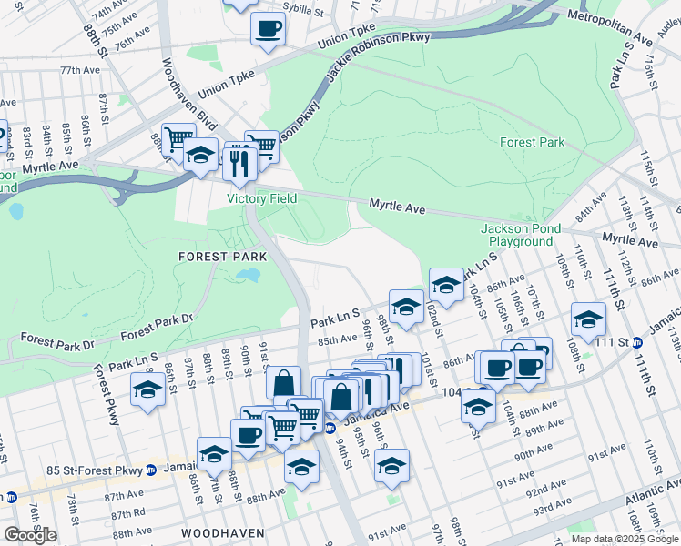 map of restaurants, bars, coffee shops, grocery stores, and more near 83-30 98th Street in Queens