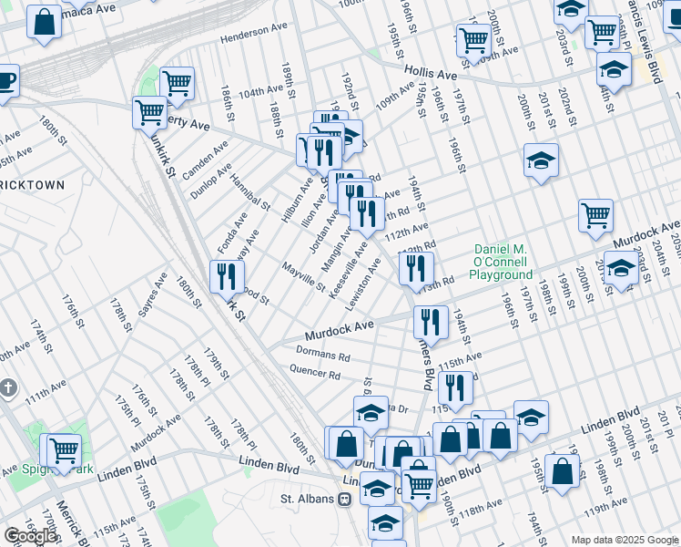 map of restaurants, bars, coffee shops, grocery stores, and more near 33 Keeseville Avenue in Queens