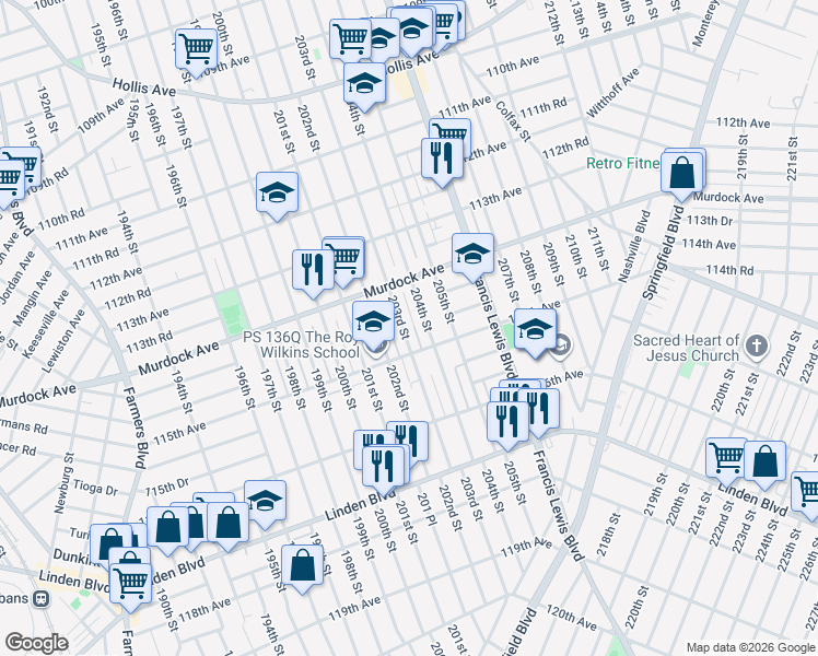 map of restaurants, bars, coffee shops, grocery stores, and more near 114-47 203rd Street in Queens