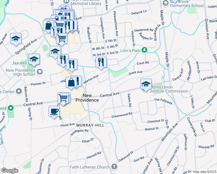 map of restaurants, bars, coffee shops, grocery stores, and more near 235 Livingston Avenue in New Providence