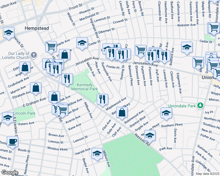 map of restaurants, bars, coffee shops, grocery stores, and more near 95 Jean Avenue in Hempstead