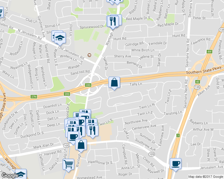 map of restaurants, bars, coffee shops, grocery stores, and more near 185 Willis Court in Wantagh