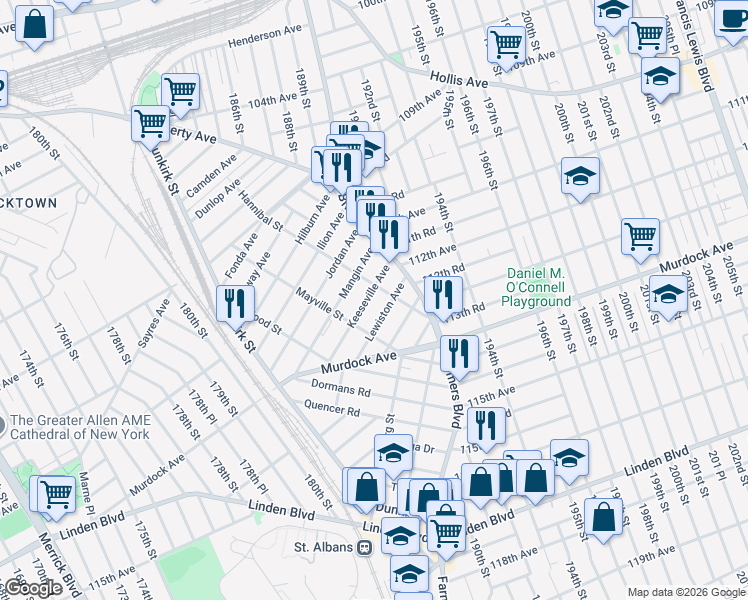 map of restaurants, bars, coffee shops, grocery stores, and more near 33 Keeseville Avenue in Queens