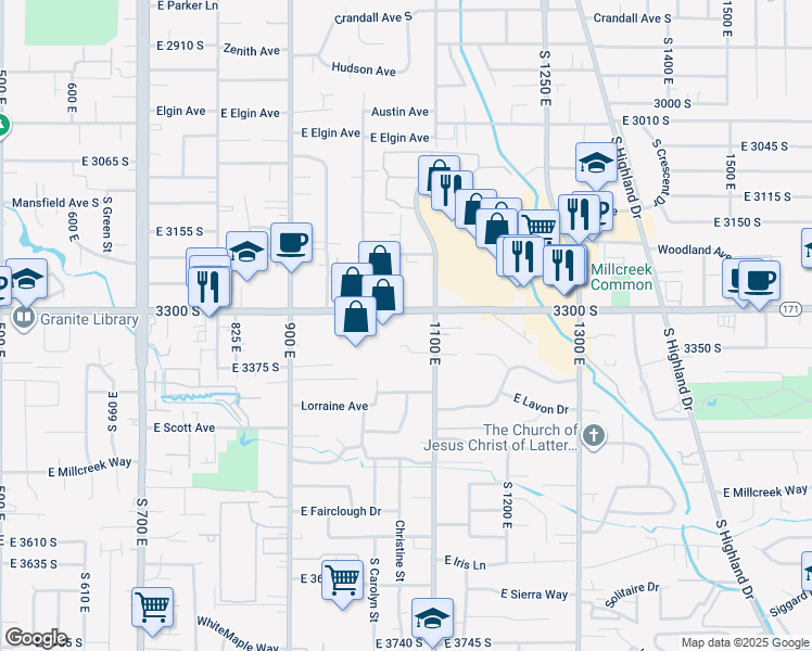 map of restaurants, bars, coffee shops, grocery stores, and more near 1060 East 3300 South in Salt Lake City