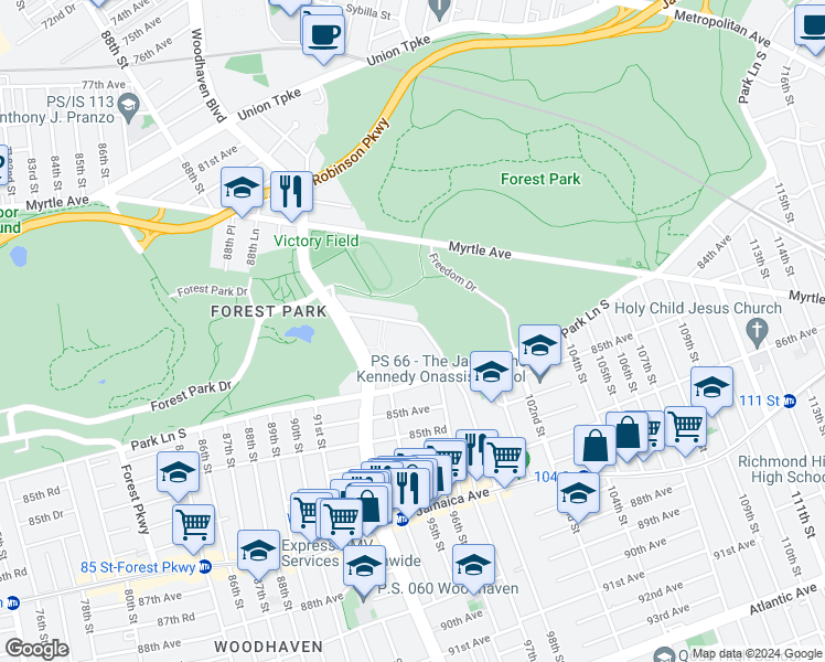map of restaurants, bars, coffee shops, grocery stores, and more near 83-30 98th Street in Queens
