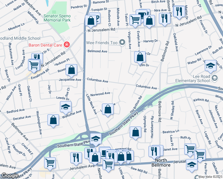 map of restaurants, bars, coffee shops, grocery stores, and more near 936 Siems Court in North Bellmore