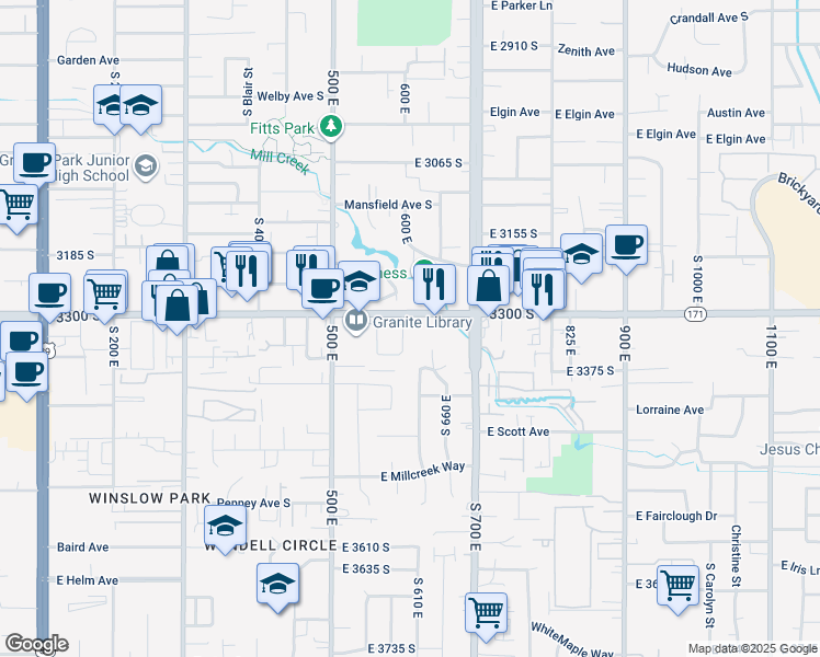 map of restaurants, bars, coffee shops, grocery stores, and more near 606 East 3300 South in South Salt Lake