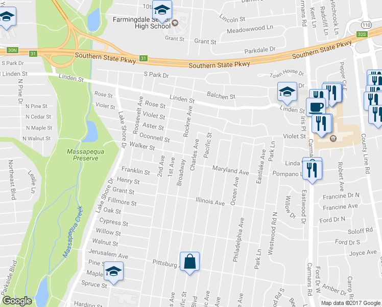 map of restaurants, bars, coffee shops, grocery stores, and more near 295 Walker Street in Massapequa Park