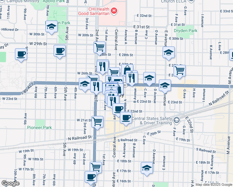 map of restaurants, bars, coffee shops, grocery stores, and more near in Kearney