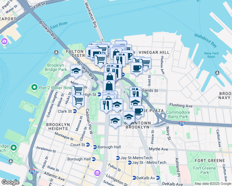 map of restaurants, bars, coffee shops, grocery stores, and more near 175 Pearl Street in Brooklyn