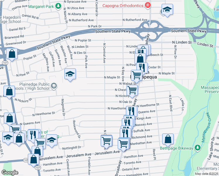 map of restaurants, bars, coffee shops, grocery stores, and more near 229 North Chestnut Street in Massapequa