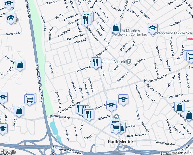 map of restaurants, bars, coffee shops, grocery stores, and more near 877 Blendwood Drive in East Meadow