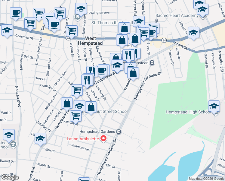 map of restaurants, bars, coffee shops, grocery stores, and more near 266 Bedell Terrace in West Hempstead