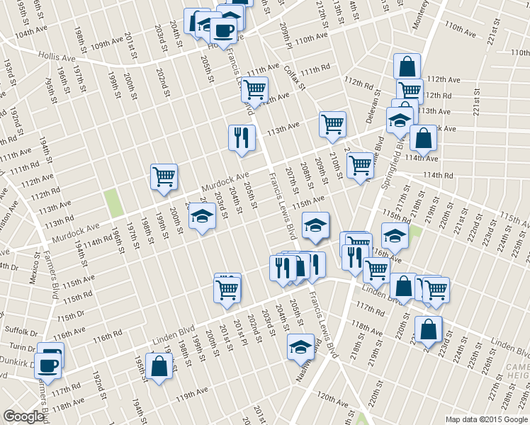 map of restaurants, bars, coffee shops, grocery stores, and more near 205-09 115th Avenue in Queens