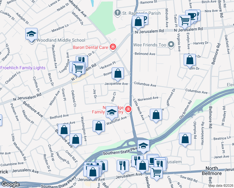 map of restaurants, bars, coffee shops, grocery stores, and more near 909 Ilse Court in North Bellmore