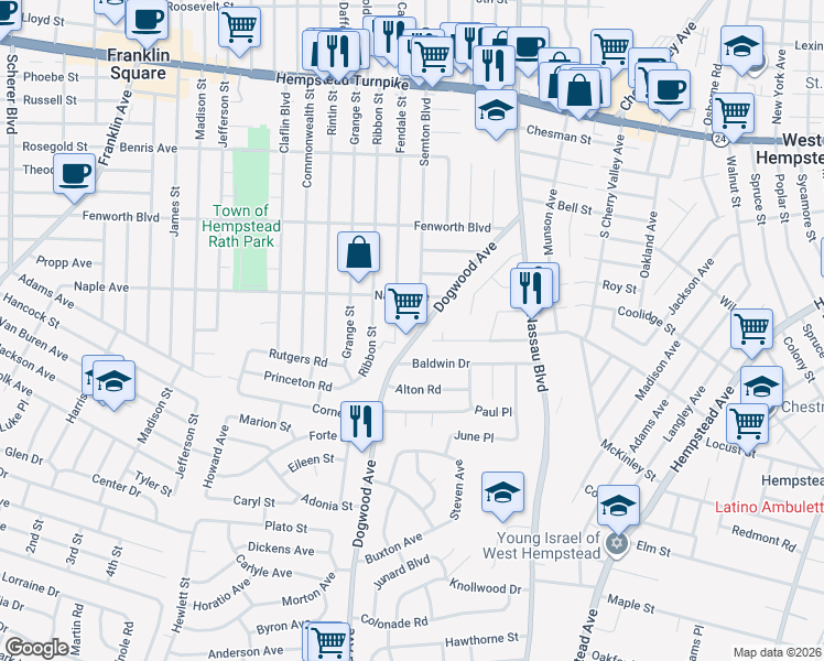 map of restaurants, bars, coffee shops, grocery stores, and more near 300 Semton Boulevard in Franklin Square