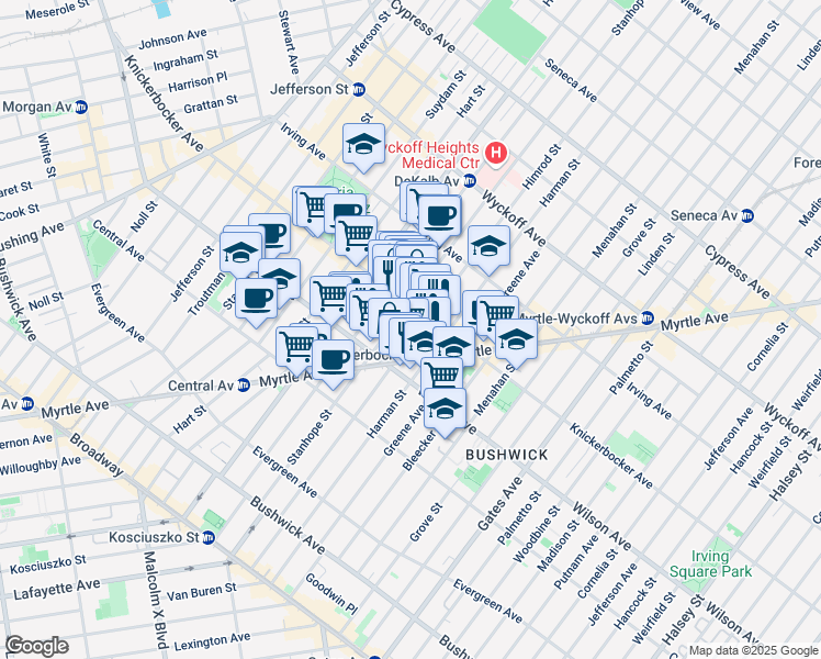 map of restaurants, bars, coffee shops, grocery stores, and more near 180 Stanhope Street in Brooklyn