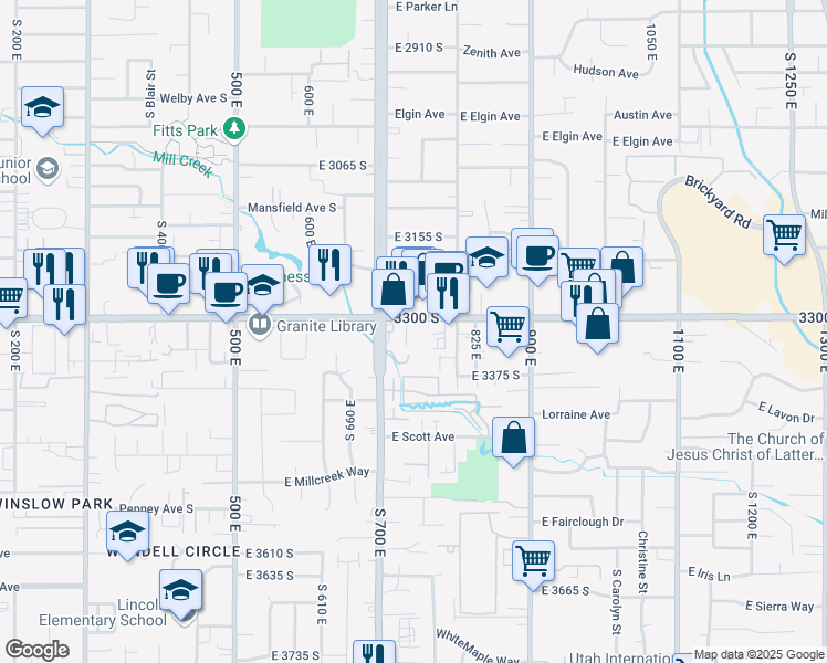 map of restaurants, bars, coffee shops, grocery stores, and more near 3313 South Scott Court in Millcreek