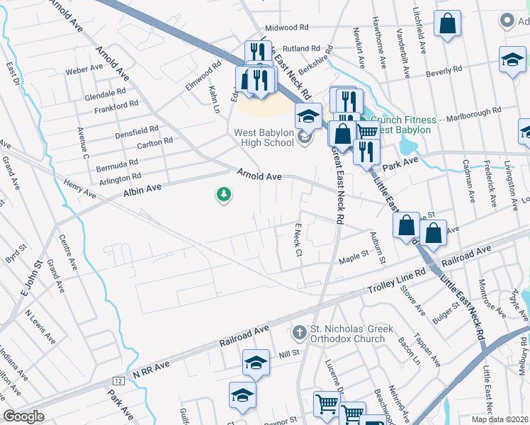map of restaurants, bars, coffee shops, grocery stores, and more near 23A Anchor Ct in West Babylon