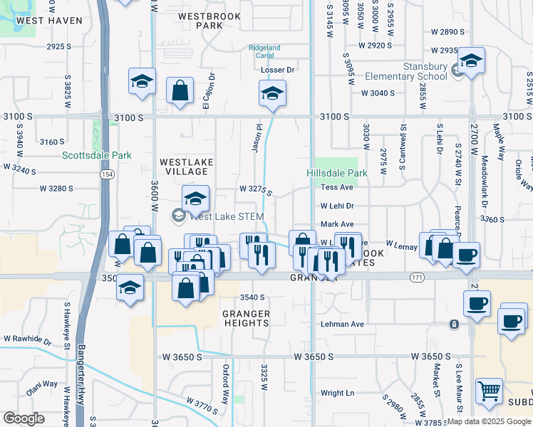 map of restaurants, bars, coffee shops, grocery stores, and more near 3312 Valcrest Circle in West Valley City