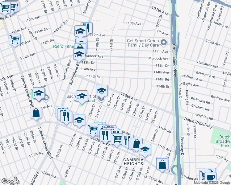 map of restaurants, bars, coffee shops, grocery stores, and more near 115-01 222nd Street in Queens