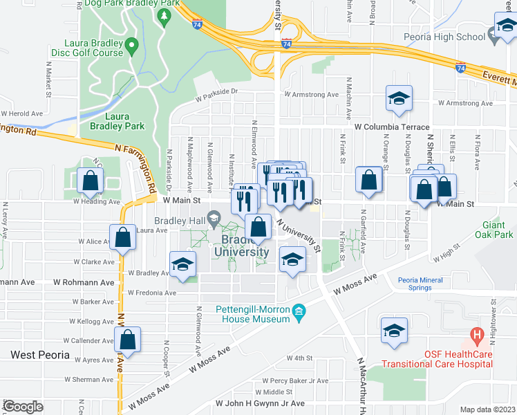 map of restaurants, bars, coffee shops, grocery stores, and more near 934 North Elmwood Avenue in Peoria