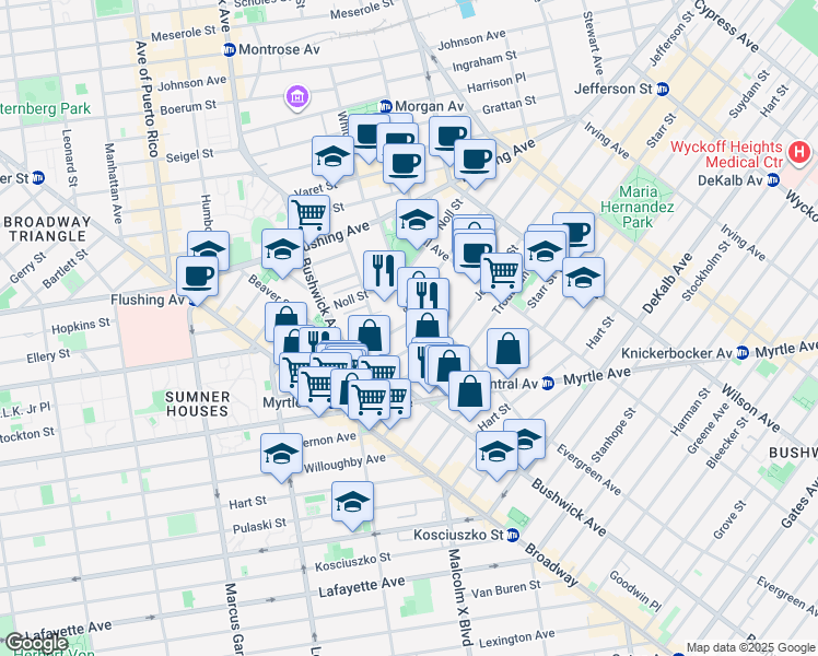 map of restaurants, bars, coffee shops, grocery stores, and more near 130 Melrose Street in Brooklyn