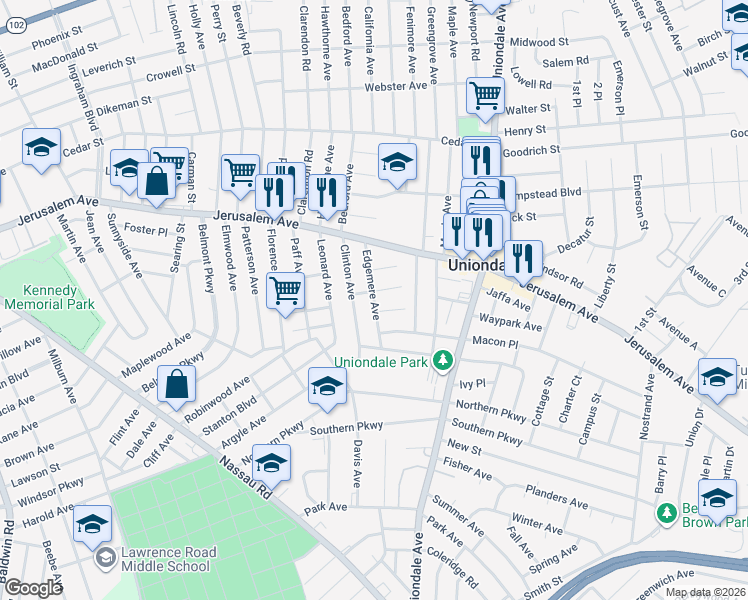 map of restaurants, bars, coffee shops, grocery stores, and more near 627 Edgemere Avenue in Uniondale