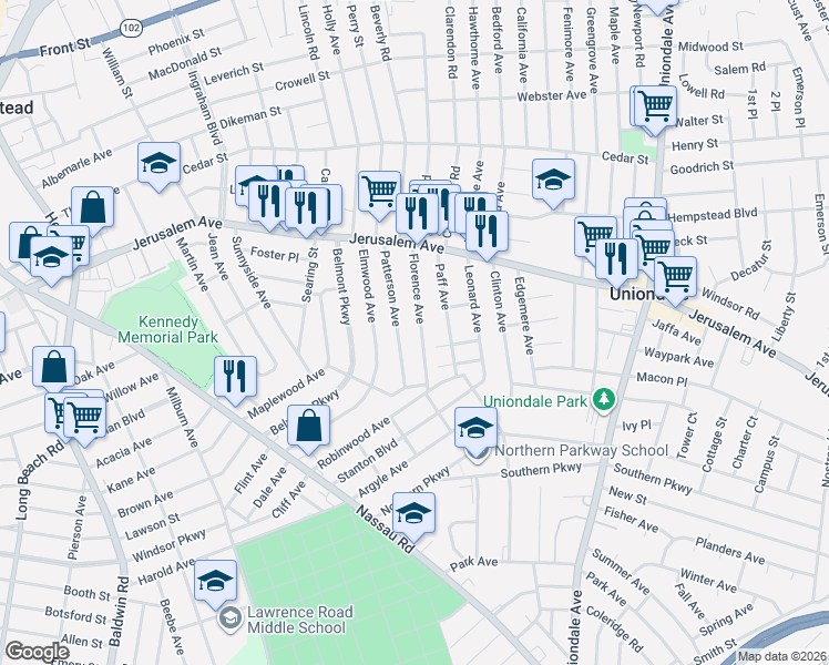 map of restaurants, bars, coffee shops, grocery stores, and more near 93 Florence Avenue in Hempstead