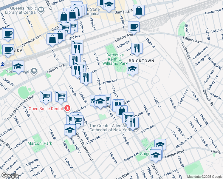map of restaurants, bars, coffee shops, grocery stores, and more near 107-30 171st Place in Queens