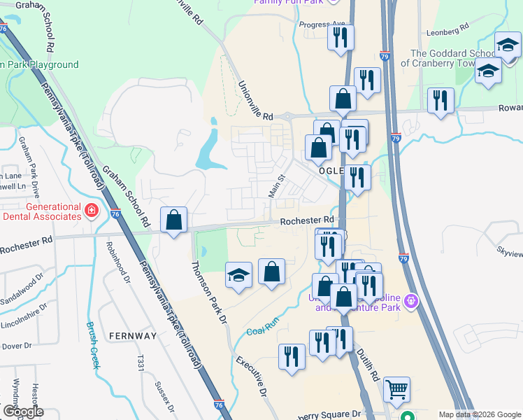map of restaurants, bars, coffee shops, grocery stores, and more near 2530 Rochester Road in Cranberry Township