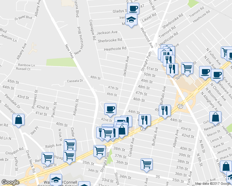 map of restaurants, bars, coffee shops, grocery stores, and more near 414 46th Street in Lindenhurst
