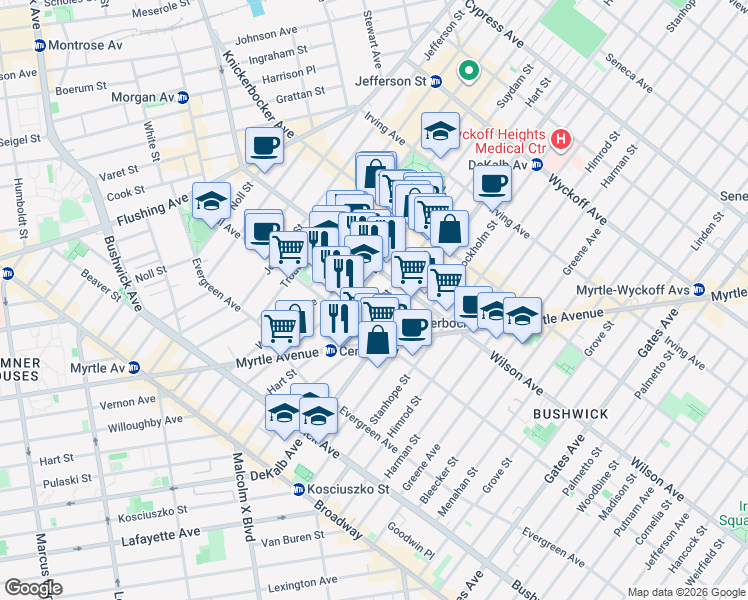 map of restaurants, bars, coffee shops, grocery stores, and more near 172 Suydam Street in Brooklyn