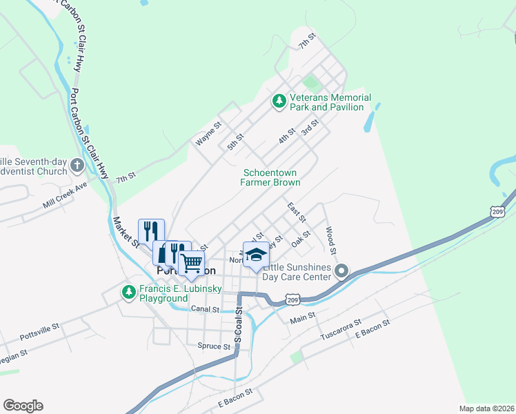 map of restaurants, bars, coffee shops, grocery stores, and more near 363 1st Street in Port Carbon