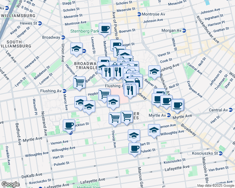 map of restaurants, bars, coffee shops, grocery stores, and more near 760 Broadway in Brooklyn