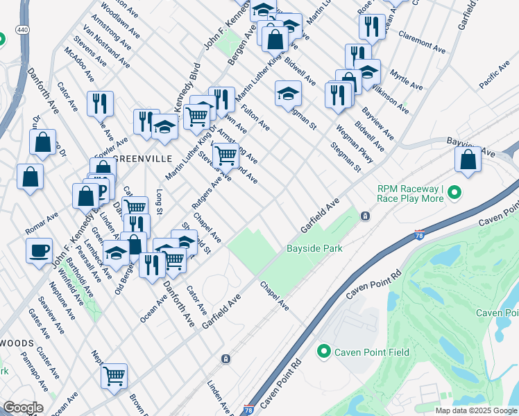 map of restaurants, bars, coffee shops, grocery stores, and more near 369 Ocean Avenue in Jersey City