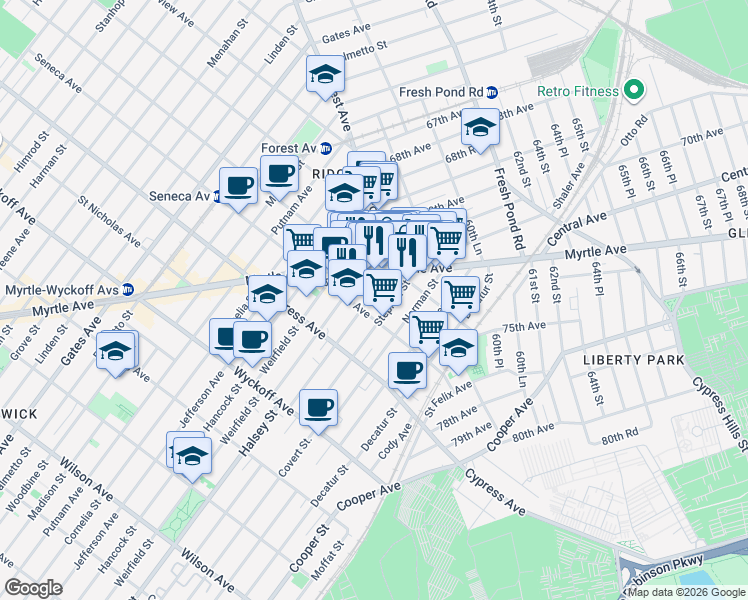 map of restaurants, bars, coffee shops, grocery stores, and more near 18-16 George Street in Queens