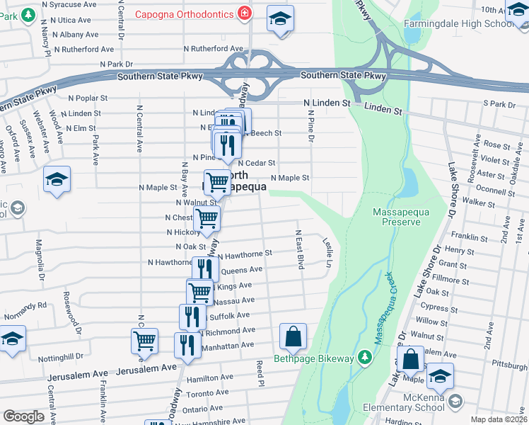 map of restaurants, bars, coffee shops, grocery stores, and more near 160 North Chestnut Street in Massapequa